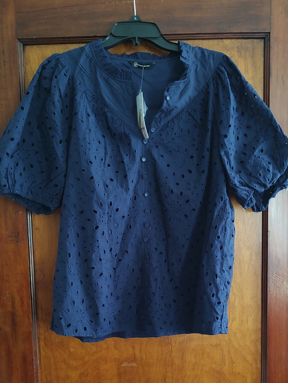 Navy Eyelet Puff-Sleeve Blouse - Unbranded